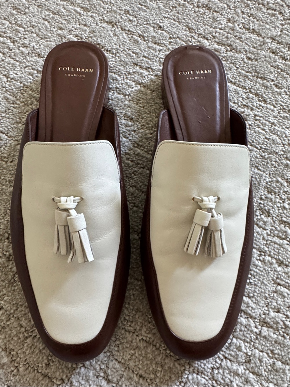 Cole Haan Cream Leather Tassel Mule Loafers Slide Flats Women’s Size 9.5B